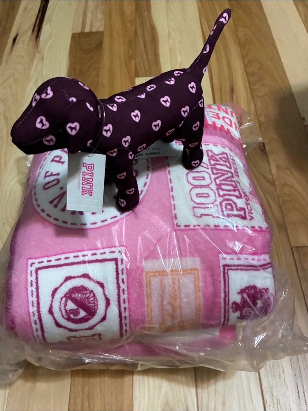 PINK Victoria's Secret Pink & Dark Pink Logo Plush Throw Blanket with Dog Plush